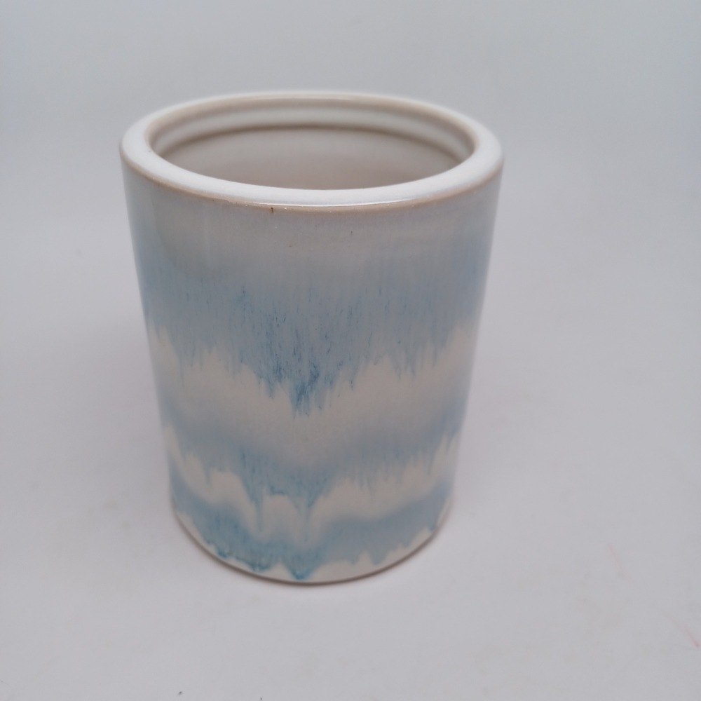 Blue and White Drip Glaze Ceramic Cylinder Vase Makeup Brush Holder 5.25in